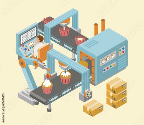 Isometric industrial factory horizontal banners with automated lines of production assembly and packaging processes vector illustration