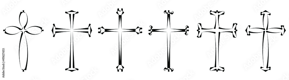 Vector collection of black ink or paint religion or faith cross symbol set isolated on white background. Abstract christian religious belief or faith art illustration for orthodox or catholic design - obrazy, fototapety, plakaty 