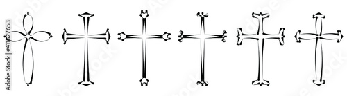 Vector collection of black ink or paint religion or faith cross symbol set isolated on white background. Abstract christian religious belief or faith art illustration for orthodox or catholic design