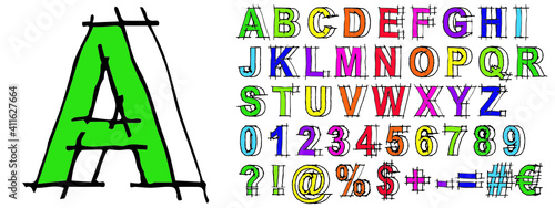 3D vector sketch colorful font set or collection isolated on white background. A childish handwritten alphabet and symbol group for education or school text graphic design as scribble style fun art