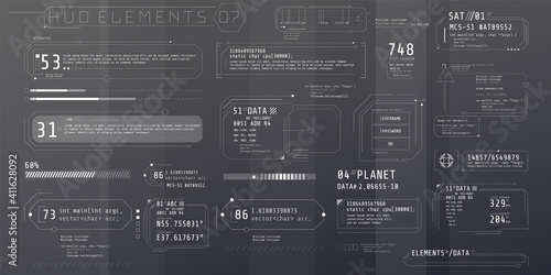 A set of HUD text elements for a futuristic interface.