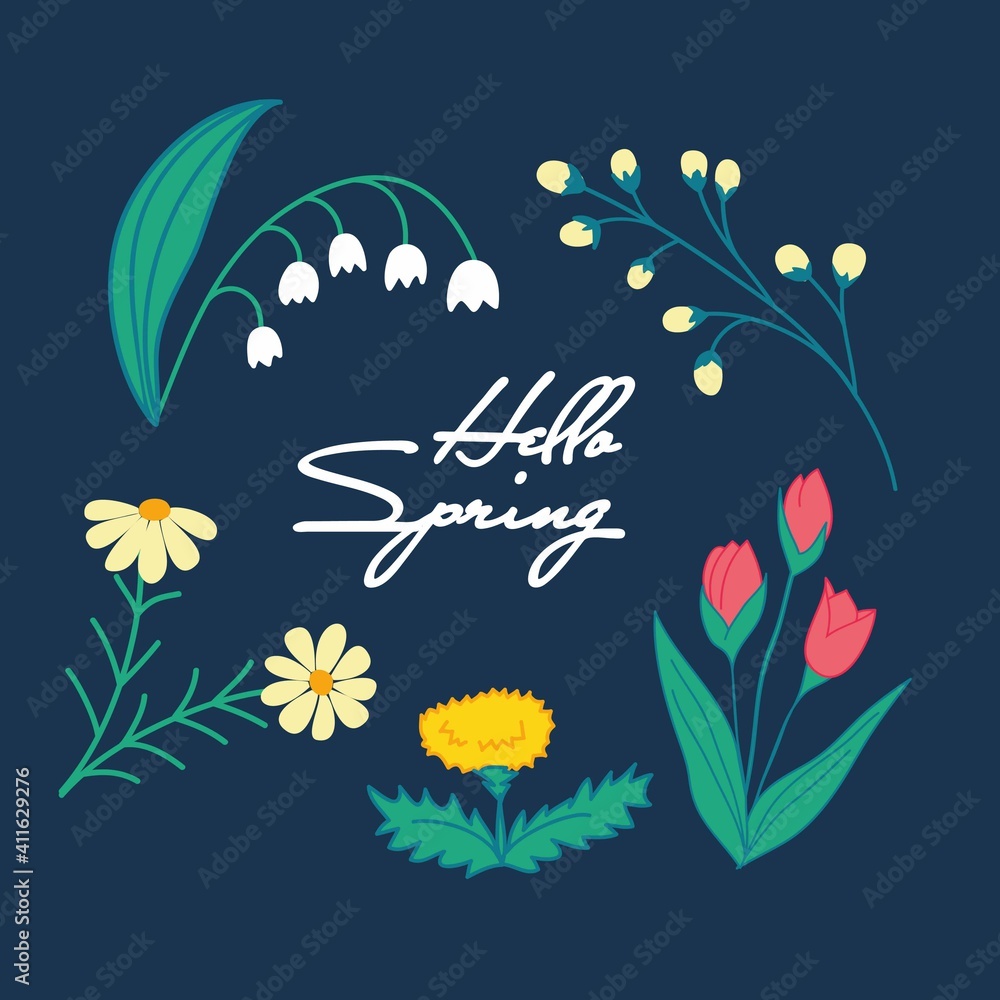 Design for a greeting card. Hello Spring hand sketched text. Drawing poster with flowers and plants