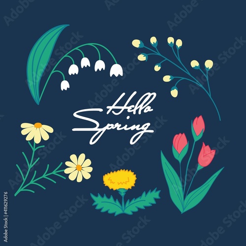 Design for a greeting card. Hello Spring hand sketched text. Drawing poster with flowers and plants