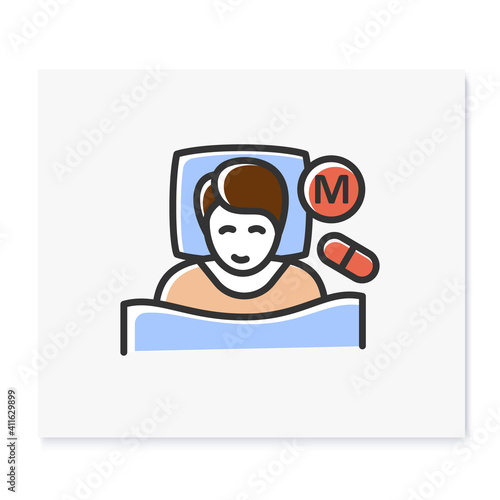 Melatonin supplements color icon. Insomnia hormonal treatment. Sleep disorder. Healthy sleeping concept. Sleep problems treatment medicines. Health care. Isolated vector illustration