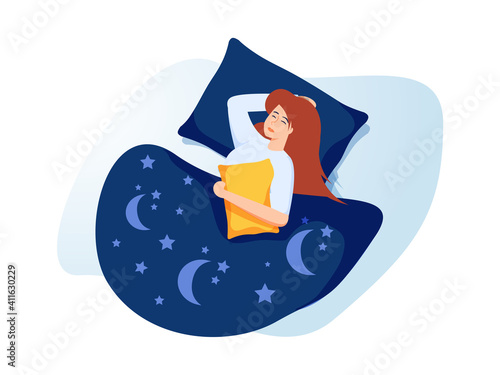 Woman sleep with cat. Person rest in the bed on the pillow late at night. Peaceful dream and relax. Vector illustration