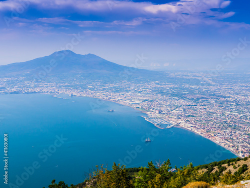 Panoramic view of Castellammare and Torre Annunziata di Stabia bay with mount Vesuvius in background, Naples, Italy 
