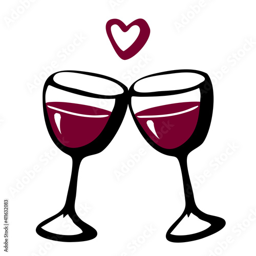 Vector doodle hand drawn sketch black and red illustration of two wine glasses couple love drink on white background. Valentines day postcard, anniversary greeting card