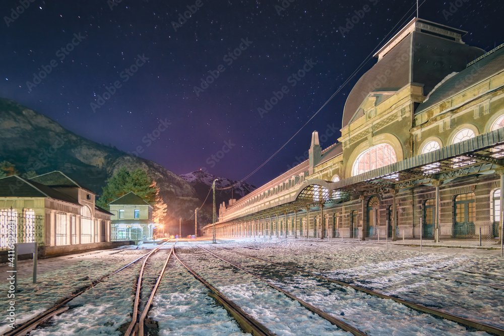 Abandoned Canfranc railway station at night, Huesca, Spain.