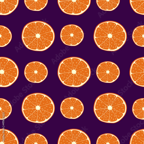 Seamless pattern with orange slice. Citrus fruit. Vector illustration. Purple background. Healthy natural food. Hand drawn. This is a background for printing on fabric and textiles and wallpapers.
