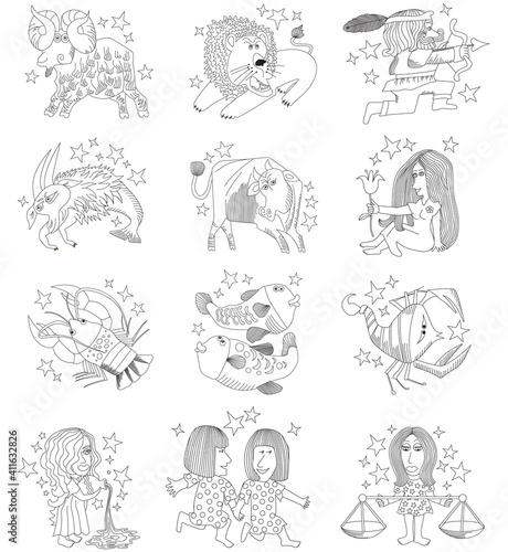 Set of twelve signs of the zodiac drawn in black and white outline. Pisces, Aries, Taurus, Gemini, Cancer, Leo, Virgo, Libra, Scorpio, Sagittarius, Capricorn, Aquarius drawn in comic style