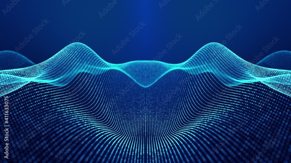 Sci-fi abstract theme with particle mirror waves. 4k looped abstract blue background of glow particles form curved lines, surfaces simmetrical structures. Digital bg with particle hologram.