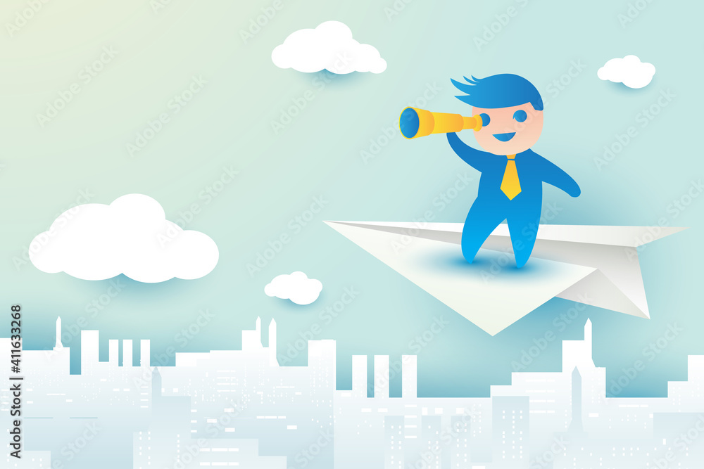Businessman flying on paper plane and looking in spyglass in the air over the city vector illustration Businessman flying on paper plane and looking in spyglass in the air over the city vector illustration