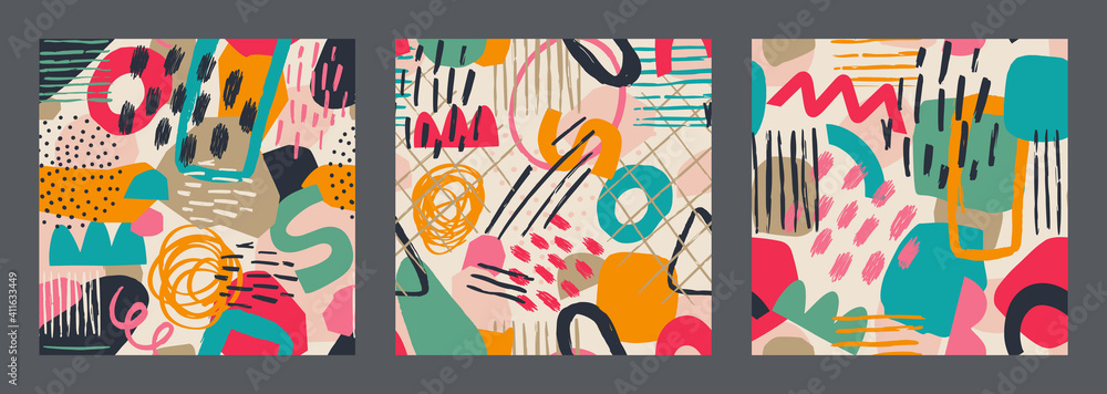 Set of Hand drawn various shapes and leaves, spots, dots and lines. Different colors. Abstract contemporary seamless pattern. Modern patchwork illustration in vector Set of Hand drawn various shapes and leaves, spots, dots and lines. Different colors. Abstract contemporary seamless pattern. Modern patchwork illustration in vector