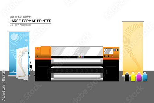 Large Format Printer in Orange Color. Printing Room with media accessories