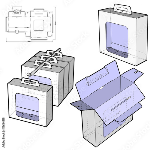 Box with Shelf Hanger Hole and Die-cut Pattern. The .eps file is full scale and fully functional. Prepared for real cardboard production.