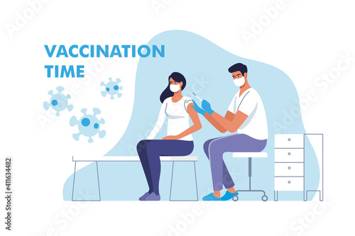 Coronavirus vaccination. Woman in face mask getting vaccinated against Covid-19 in hospital. Doctor giving Corona virus vaccine injection injecting patient. Vector illustration.