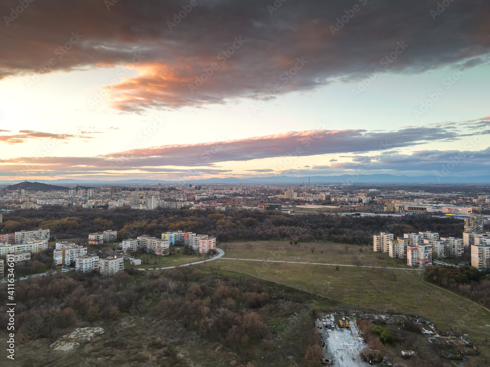 Sunset at residential building from the communist period in Plovdiv, Bulgaria