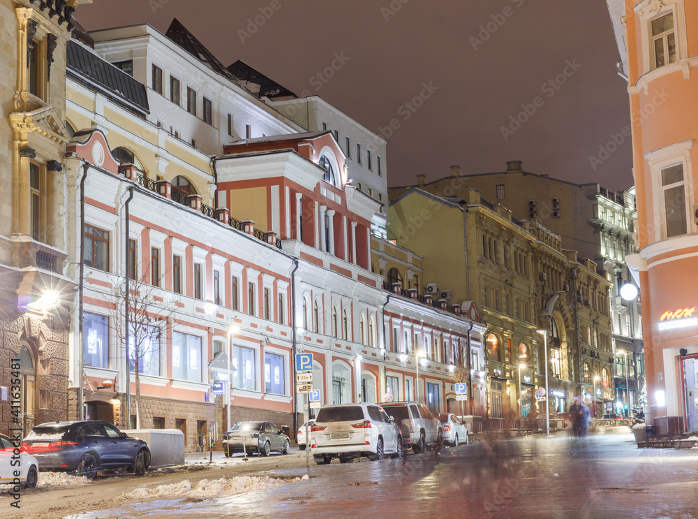 Moscow, Russia, Jan 20, 2021: Kuznetsky most street. View towards Bolshaya Lubyanka street. Shot in long exposure.in evening