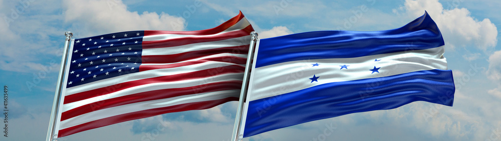 United States of America Flag and Honduras flag waving with texture and