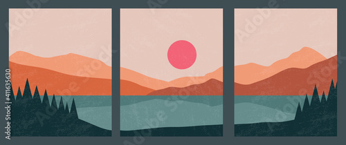 Abstract contemporary landscape posters. Modern boho background set with lake, river,sun, moon, mountains, minimalist wall decor. Vector art print