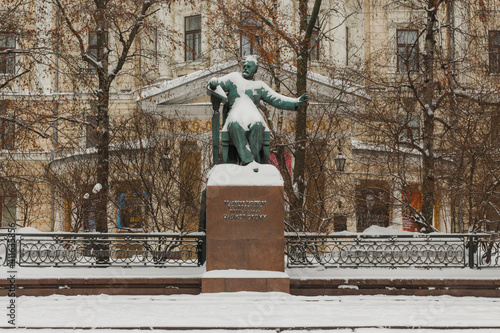 Moscow, Russia. Jan 22, 2021:  Monument to Piotr Tchaikovsky, Russian composer. Near The Moscow Conservatory building. Winter