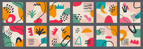 Big set of various vector geometric abstract backgrounds. Various shapes  lines  spots  dots  doodle objects. Hand drawn templates. Round icons for social media stories