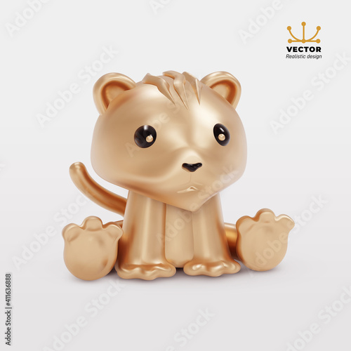 Golden tiger toy. Golden 3d icon and logo, close-up. Realistic design elements. 2022 Year of the Tiger on the Chinese calendar. Vector illustration Isolated on white background.