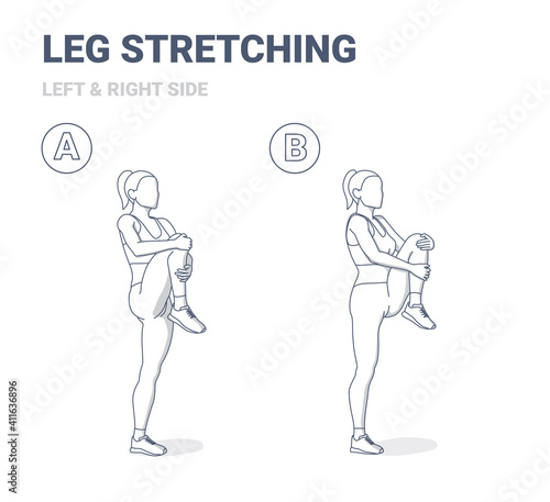 Standing Gluteus Maximus Stretch Girl Home Workout Exercise Guide. Female Doing Relaxation Leg Stretching in Sportswear