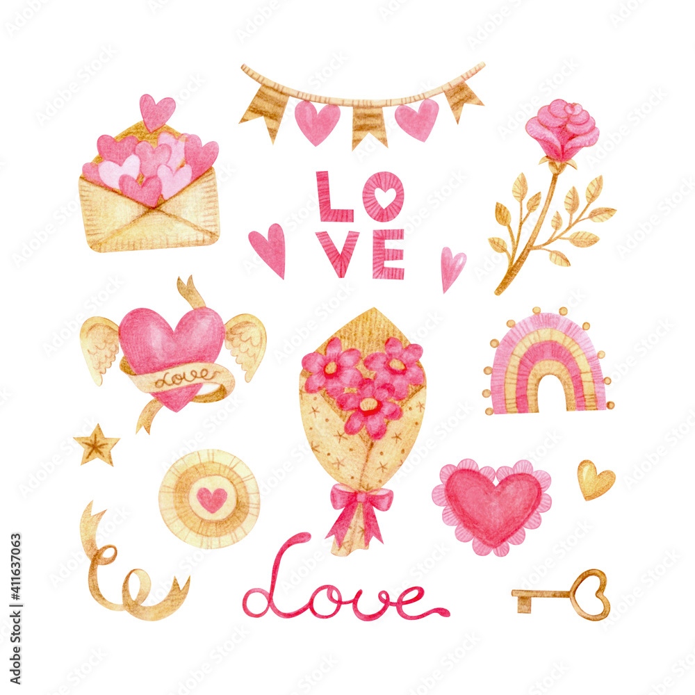 Set of watercolor elements for Valentine's Day (envelope with hearts, pink heart, bouquet of flowers, rose, rainbow, ribbons and more) isolated on white background. For stickers, postcards and more.