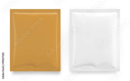 Set of blank sachet packaging mockups. Vector illustration on white background. Ready for your design. 