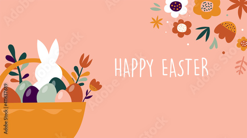 Boho Easter concept design, bunnies, eggs, flowers and rainbows in pastel and terracotta colors, flat vector illustrations