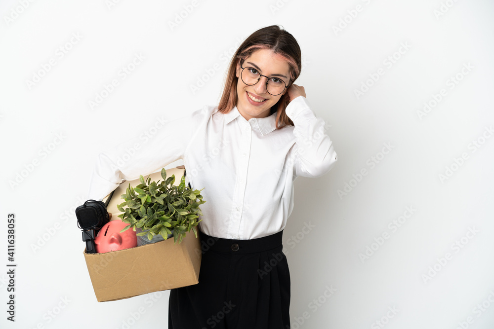 Young caucasian woman moving in new home among boxes isolated on white background laughing Young caucasian woman moving in new home among boxes isolated on white background laughing