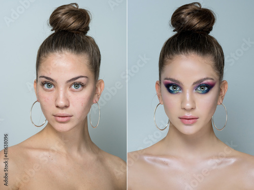 close-up portrait of a young beautiful girl. collage, close-up portrait of a girl on a light background before and after makeup with a place for text