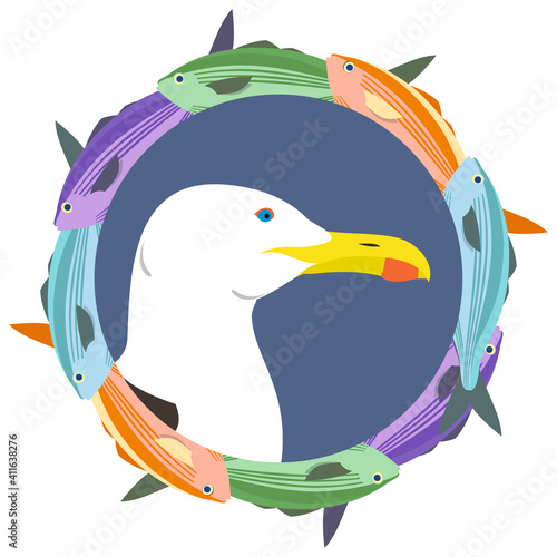 Seagull head in a wreath of sea ocean fish of different colors on a dark blue background. Circle of variegated vector fish with the profile of an oceanic gull