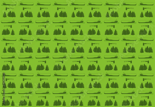 Endless seamless pattern on the theme of hiking and camping. Ax, a log with a branch and a fragment of the forest. Fir-trees and fallen tree.