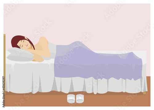 Young lady sleeping in a bedroom. Simple flat illustration