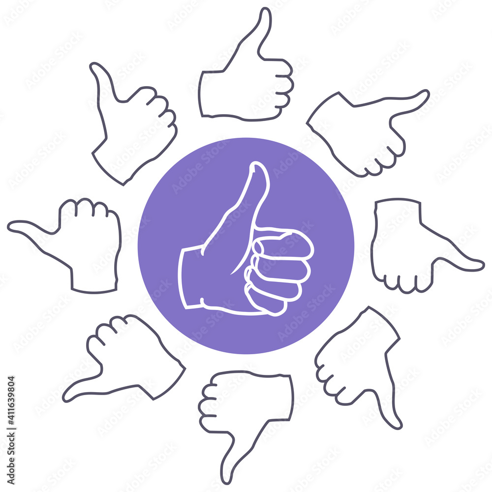 Thumb up vector hand pattern. Human hands at two angles: front and back. Hand with a raised finger up. Purple background Thumb up vector hand pattern. Human hands at two angles: front and back. Hand with a raised finger up. Purple background