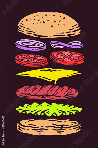 cheese burger with layers or ingredients hand drawn