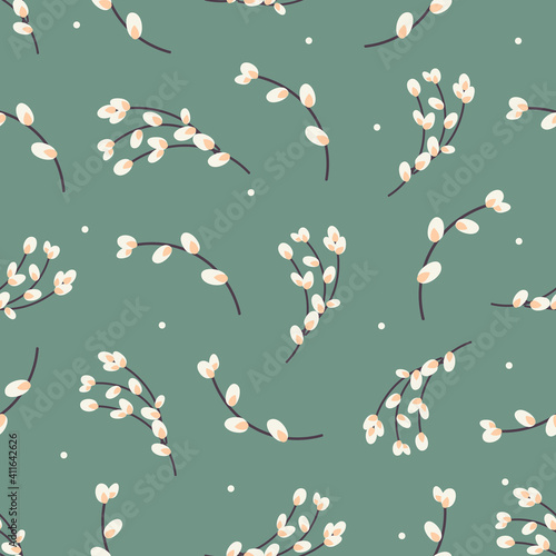  Willow twigs seamless background. Easter spring background with willow. Design for paper, textile, scrapbooking. Vector illustration
