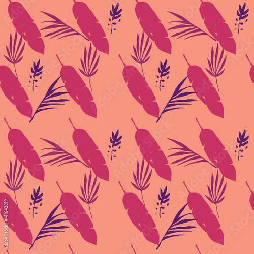 Trendy Tropical Vector Seamless Pattern. Banana Leaves Feather Dandelion Monstera Tropical Seamless Pattern.