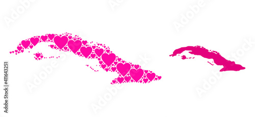 Love collage and solid map of Cuba. Mosaic map of Cuba is composed with pink lovely hearts. Vector flat illustration for love conceptual illustrations.