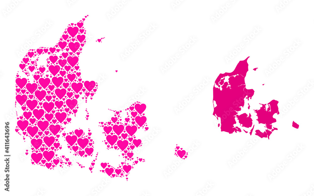 Obraz premium Love mosaic and solid map of Denmark. Mosaic map of Denmark is designed with pink valentine hearts. Vector flat illustration for love abstract illustrations.