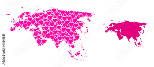 Love mosaic and solid map of Europe and Asia. Mosaic map of Europe and Asia designed with pink love hearts. Vector flat illustration for dating abstract illustrations.