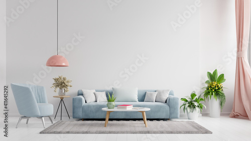 Living room interior wall mockup in bright tones with have sofa and lamp with white wall background.