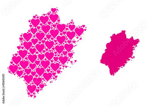 Love pattern and solid map of Fujian Province. Mosaic map of Fujian Province is formed from pink love hearts. Vector flat illustration for love abstract illustrations.