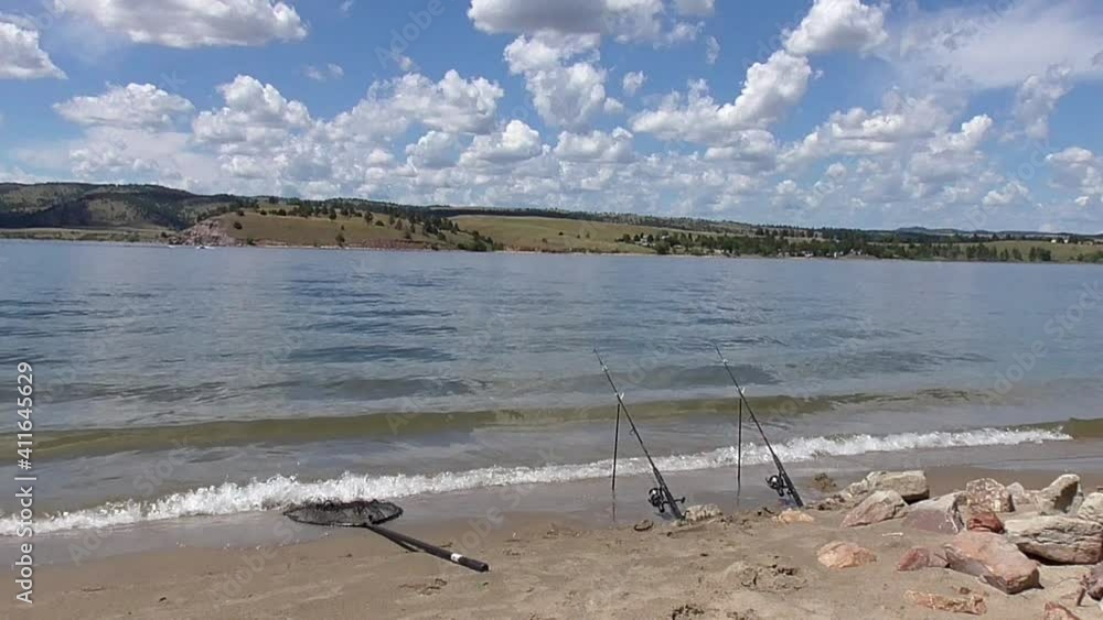 Crashing Waves on Beach with Sound, Fishing Rods, Net, Scenic Crashing Waves on Beach with Sound, Fishing Rods, Net, Scenic