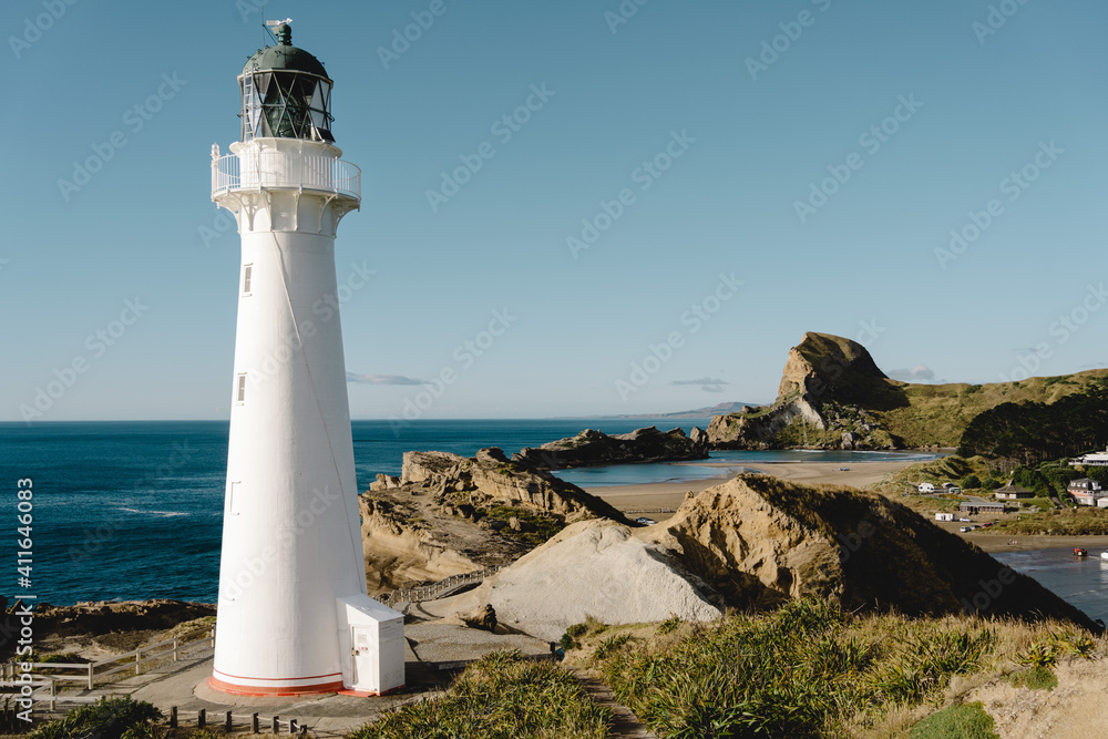 Castle Point lighthouse and Castle Rock on a summer day. New Zealand
