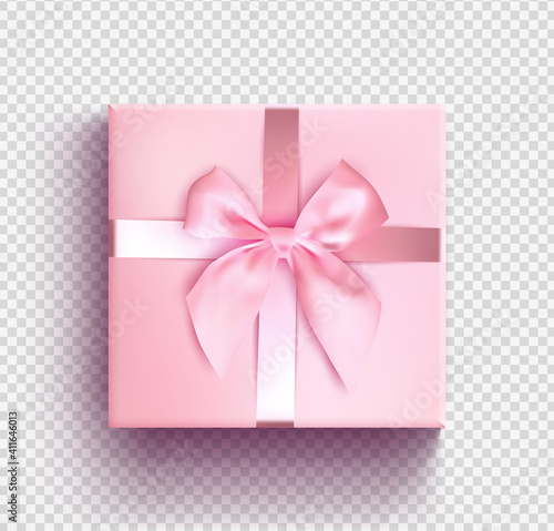 Pink gift box isolated object. Realistic 3d vector illustration. Christmas gift box. Top view.