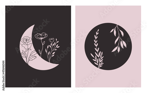 Abstract Contemporary geometric shapes and flower in moon a modern trendy style
