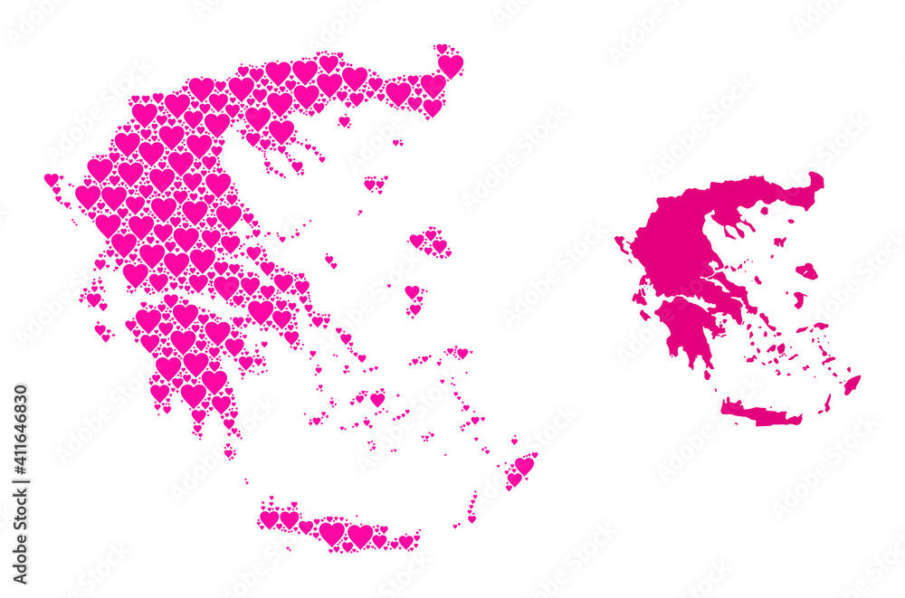Fototapeta premium Love mosaic and solid map of Greece. Collage map of Greece is formed with pink love hearts. Vector flat illustration for dating concept illustrations.